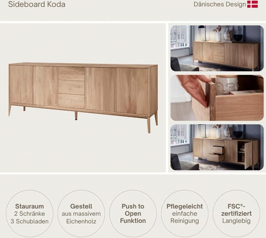 Home affaire Dressoir Koda dressoir met 2 kasten & 3 laden push-to-open-functie Massief eikenhout verstelbare legplanken Minimalistische stijl