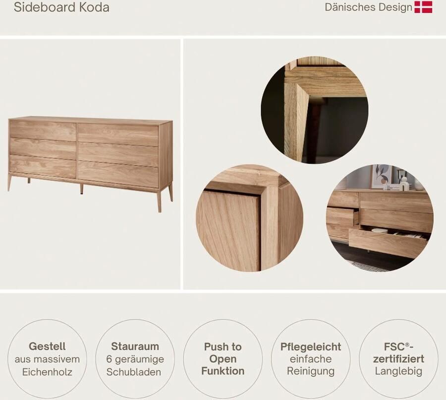 Home affaire Dressoir Koda ladekast 6 ruime laden met push-to-open-functie Scandi Van massief eikenhout Minimalistische stijl B: 177 7 x H: 81 8 cm