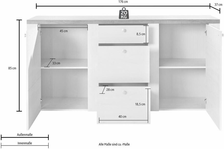 Home affaire Dressoir Larona tijdloze commode met 2 deuren 3 lades deurkast Hoogte 84 cm veel opbergruimte dressoir met decoratieve lijstlook
