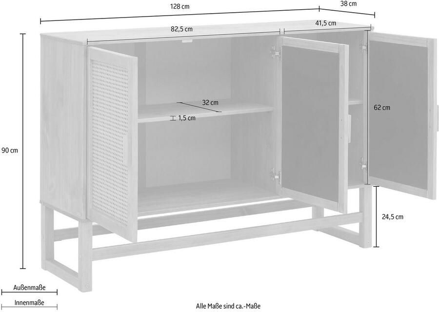 Home affaire Dressoir Linz Commode met rotan vlechtwerk op de deurfronten van massief hout