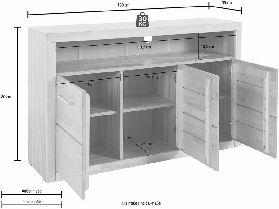 Home affaire Dressoir Ribe 130cm breed fronten massief hout 7 vakken Hout massief houtmateriaal metalen handgrepen 3 deuren