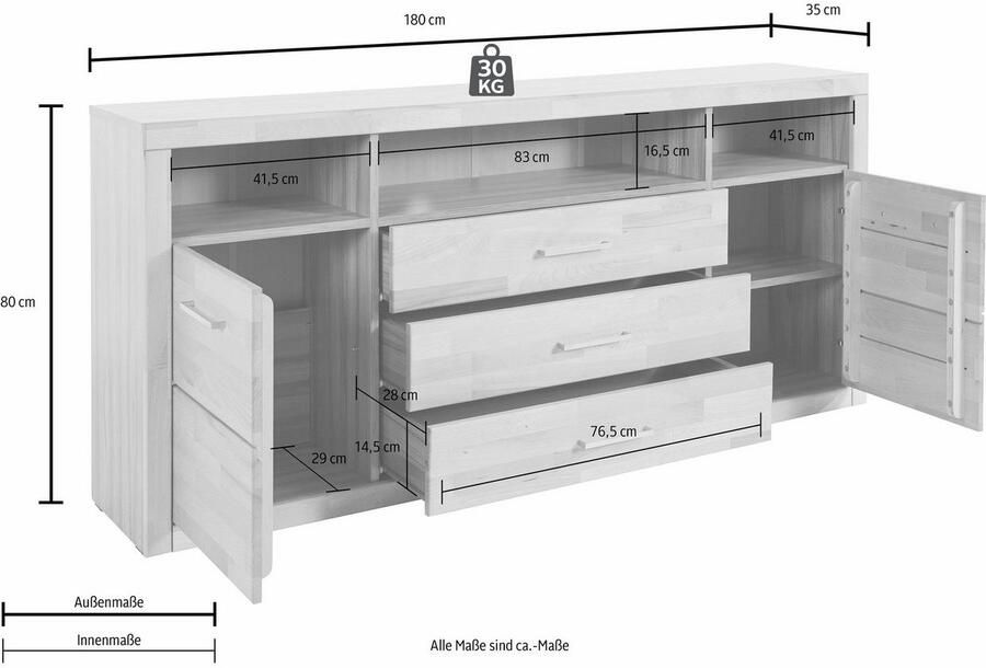 Home affaire Dressoir Ribe 180cm breed fronten massief hout 7 vakken Hout massief houtmateriaal metalen handgrepen 2 deuren 3 laden