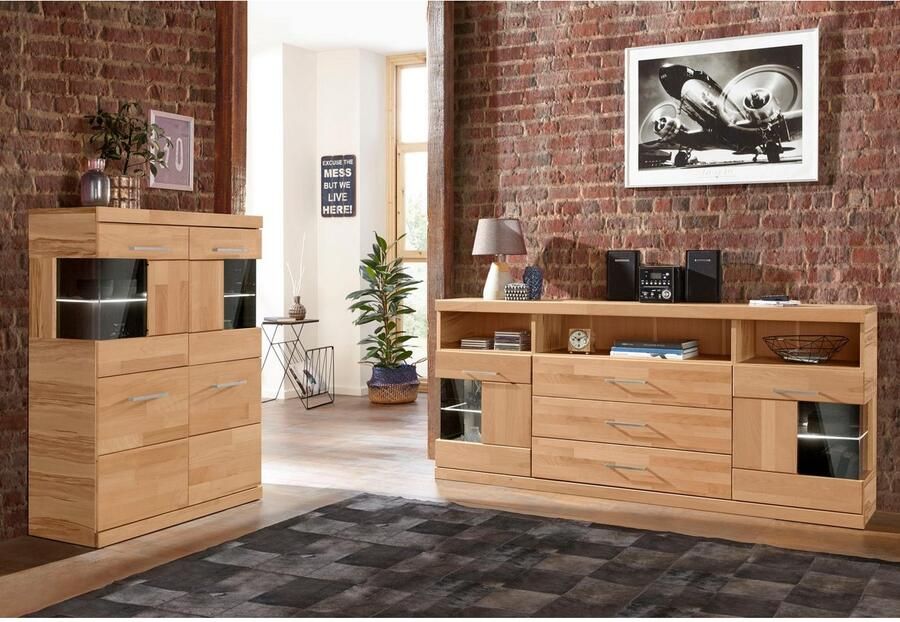 Home affaire Dressoir Ribe 180cm breed fronten massief hout 7 vakken variabele bodems