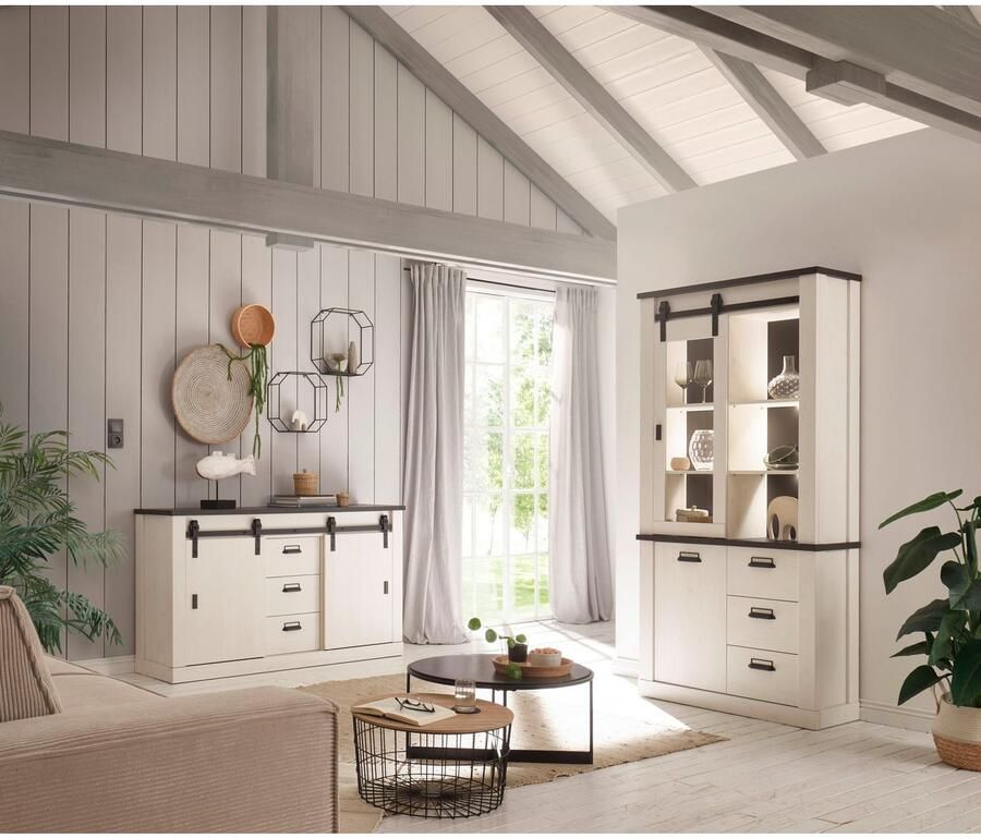 Home affaire Dressoir Sherwood Houtdecor met schuurdeurbeslag en apothekersgrepen breedte 161 cm