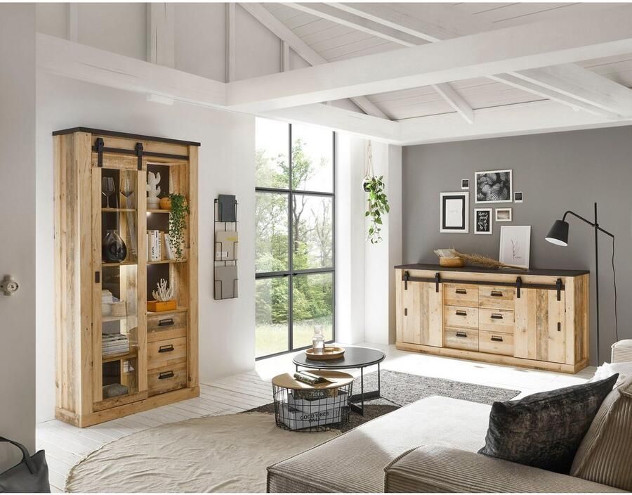 Home affaire Dressoir Sherwood modern houtdecor met schuurdeurbeslag van metaal breedte 201 cm