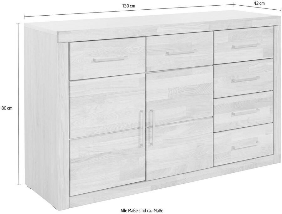 Home affaire Dressoir Trondheim 130cm breed 42 cm diep fronten massief hout metalen handgrepen