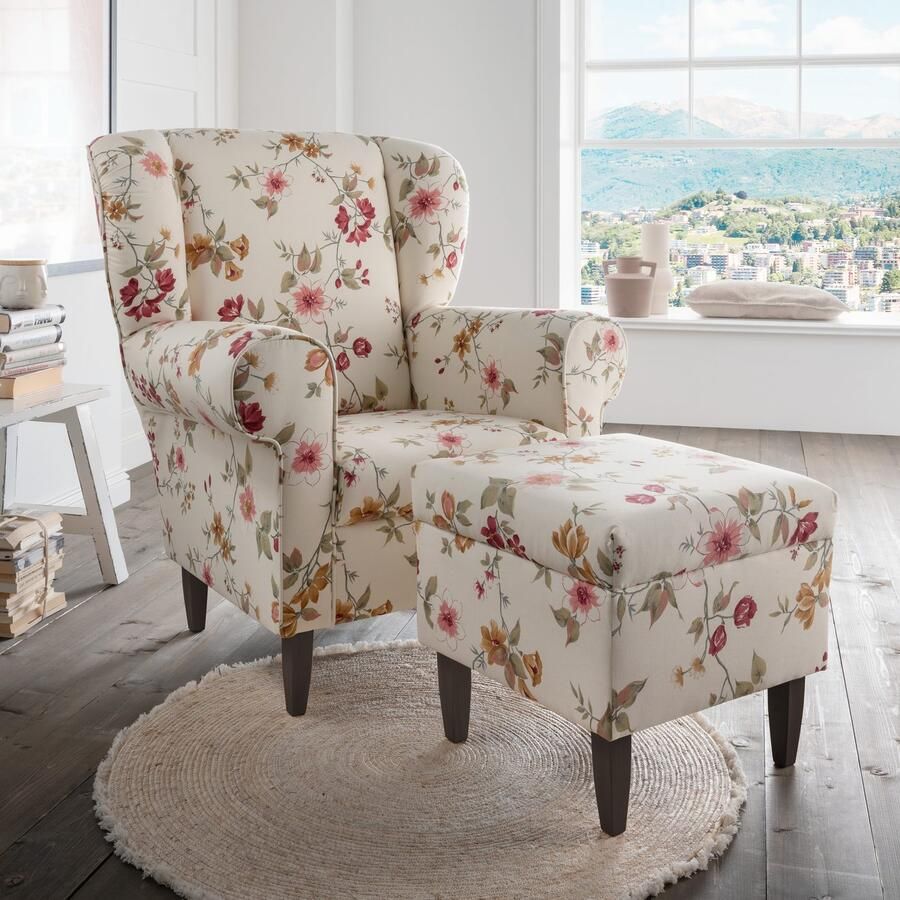 Home affaire Fauteuil Asino met pied-de-poule overtrekstof naar keuze met hocker