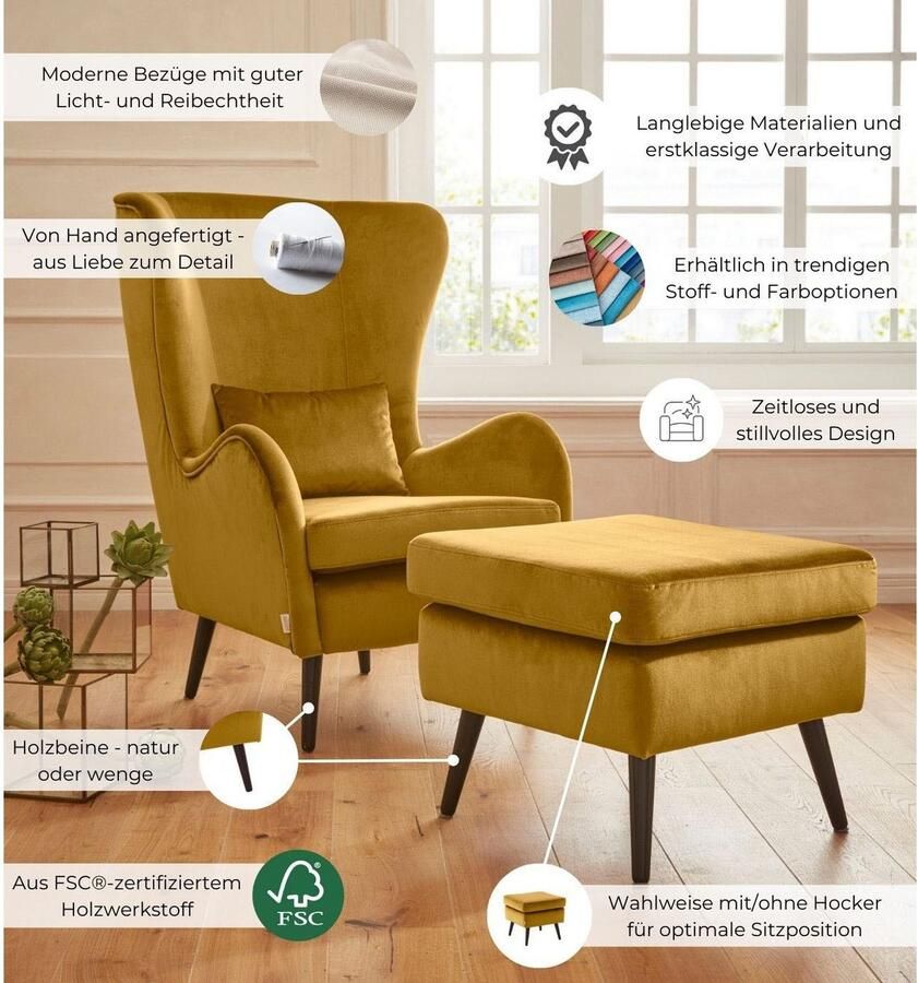 Home affaire Fauteuil Salla bekleding bouclé of fijne structuur oorschelp fauteuil naar keuze met of zonder hocker grote fauteuil: afm. bxdxh: 78x94x118cm