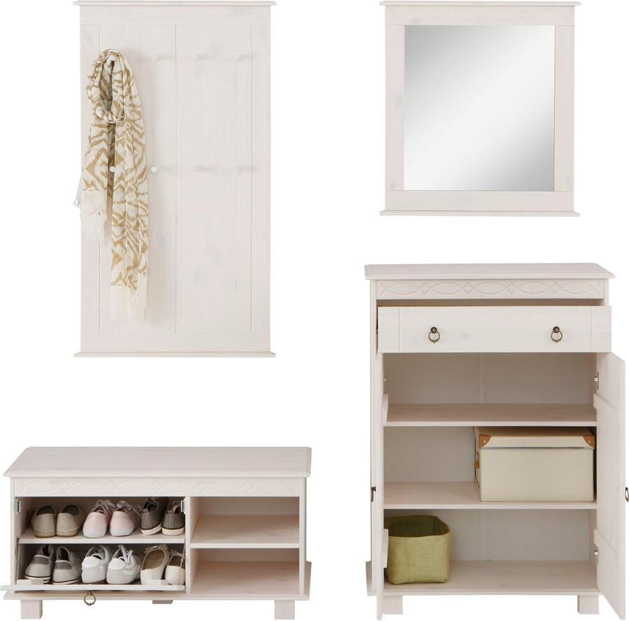 Home affaire Halmeubelset Indra 4-delig set: schoenenbank paneel spiegel commode massief dennenhout (set 4-delig)