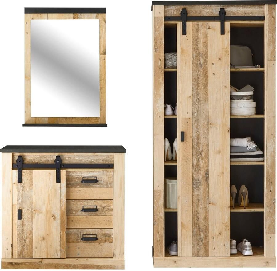 Home affaire Halmeubelset Sherwood met schuurdeurbeslag apothekersgrepen van metaal (3 stuks)