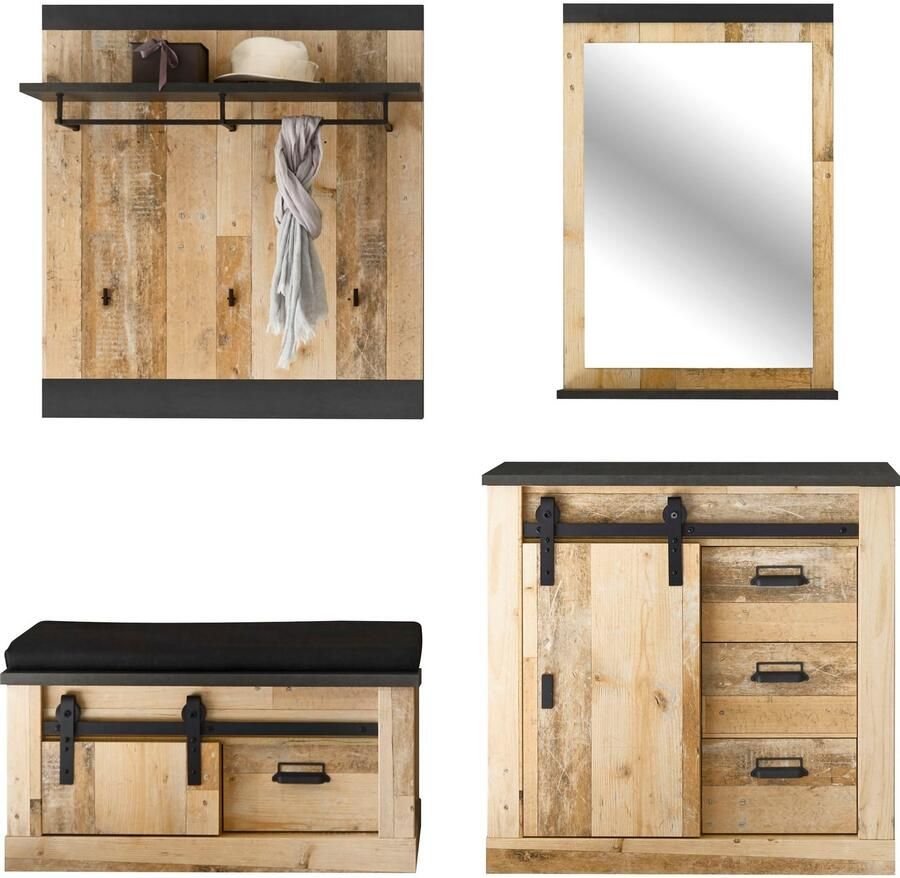 Home affaire Halmeubelset Sherwood met schuurdeurbeslag apothekersgrepen van metaal (4 stuks)