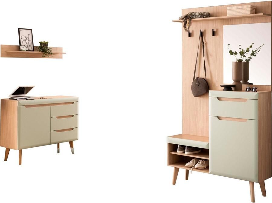 Home affaire Halmeubelset Torge kapstok met opbergruimte garderobekast in Scandic design bevat sideboard garderobe met spiegel en wandplank in twee kleuren (set 3 stuks)