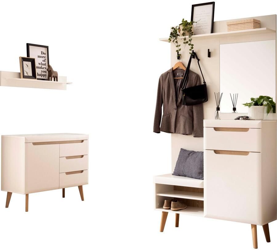 Home affaire Halmeubelset Torge kapstok met opbergruimte garderobekast in Scandic design bevat sideboard garderobe met spiegel en wandplank in twee kleuren (set 3 stuks)