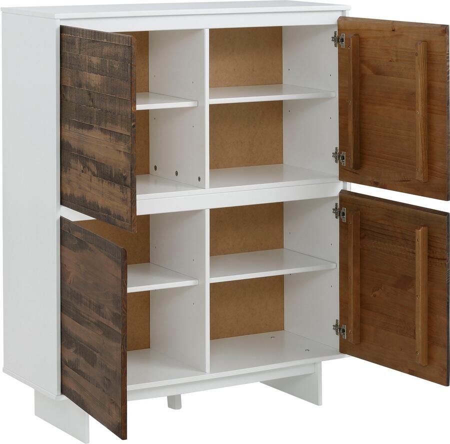 Home affaire Highboard Morgan midischrank hoge kast van massief grenenhout met ingefreesde verzonken grepen breedte 120 cm