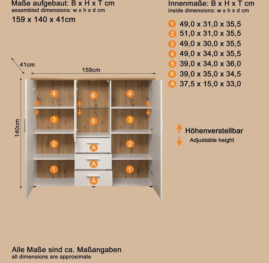 Home affaire Highboard Nybro Vitrine omkeerbaar monteerbare deurstop breedte 159 cm