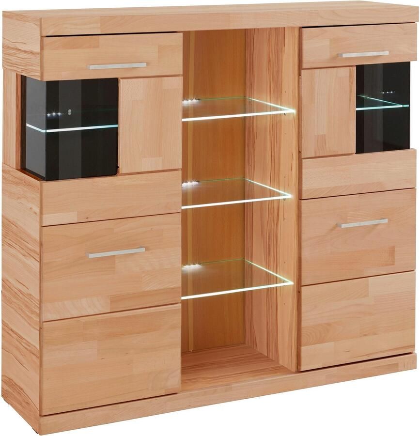 Home affaire Highboard Ribe 120cm breed 112cm hoog bovenblad massief 12 vakken Hout massief houtmateriaal metalen handgrepen 2 deuren met glazen inzet