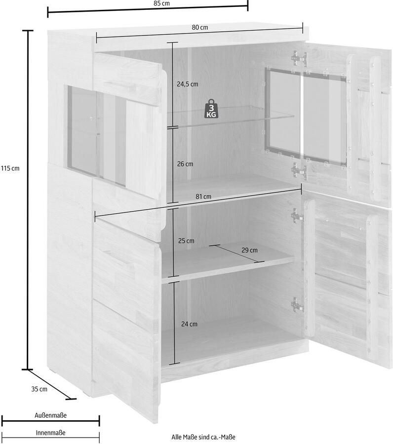 Home affaire Highboard Ribe 85cm breed 115cm hoog fronten massief hout 4 brede vakken Corpus houtmateriaal 2 deuren met glazen inzet planken verstelbaar