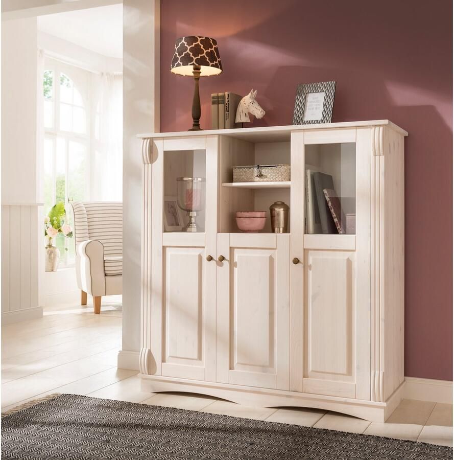 Home affaire Highboard Teresa Vitrine deuren met glazen inzetstukken van massief grenen FSC