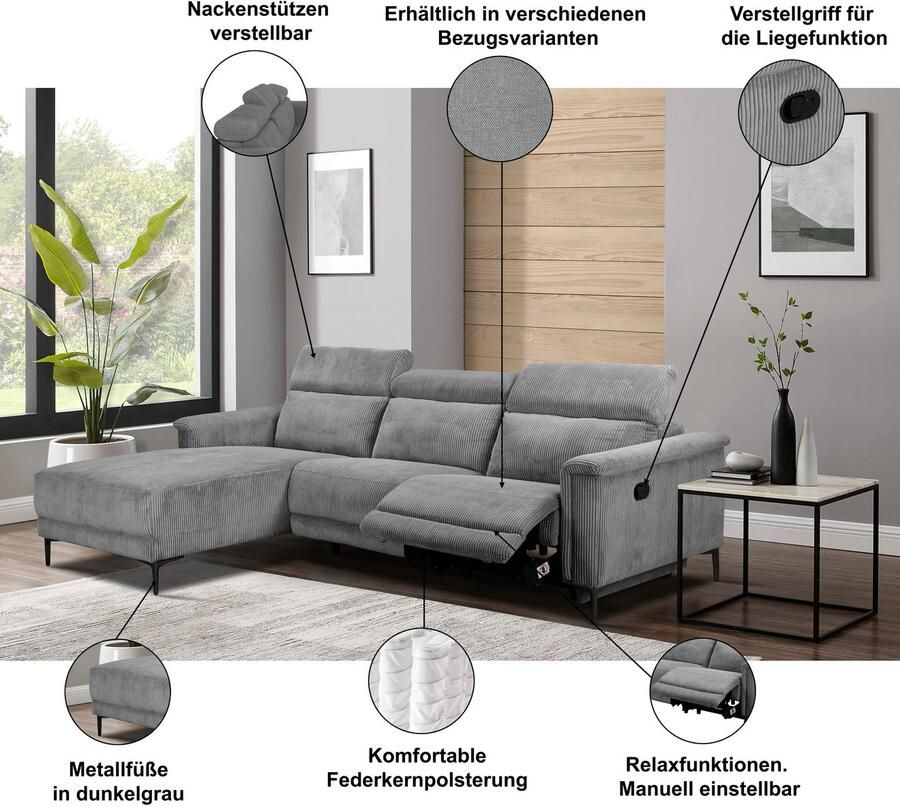 Home affaire Hoekbank Lund in cord L-vorm 261 cm handmatige en elektrische relaxfunctie