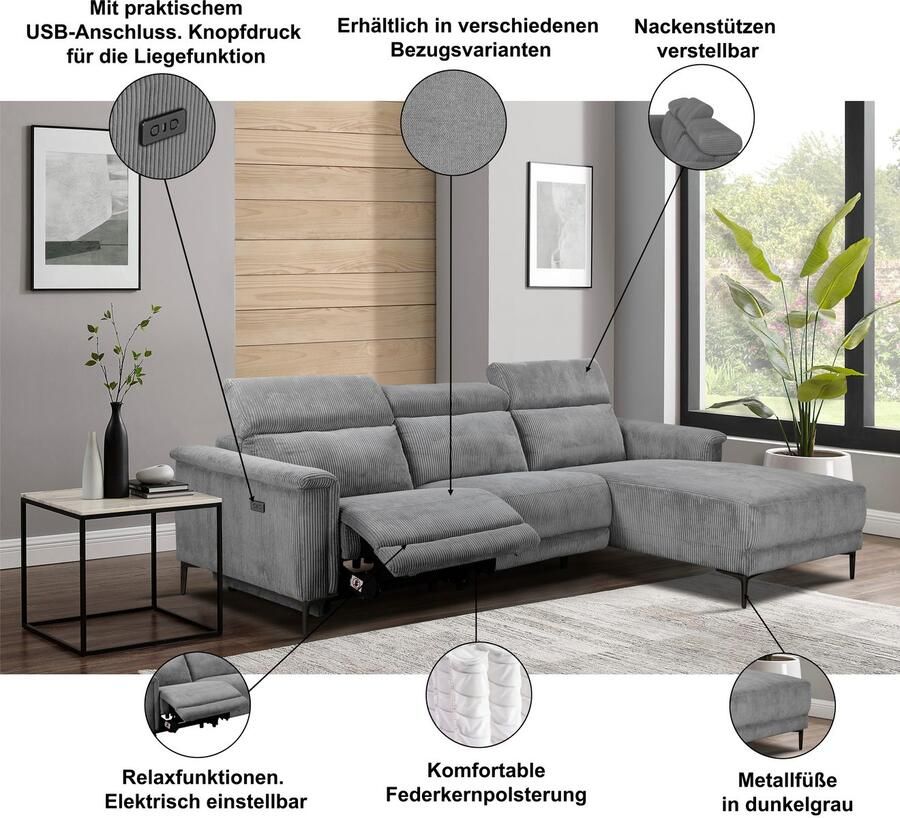 Home affaire Hoekbank Lund L-vorm 261 cm handmatige of elektrische relaxfunctie (met USB-A)