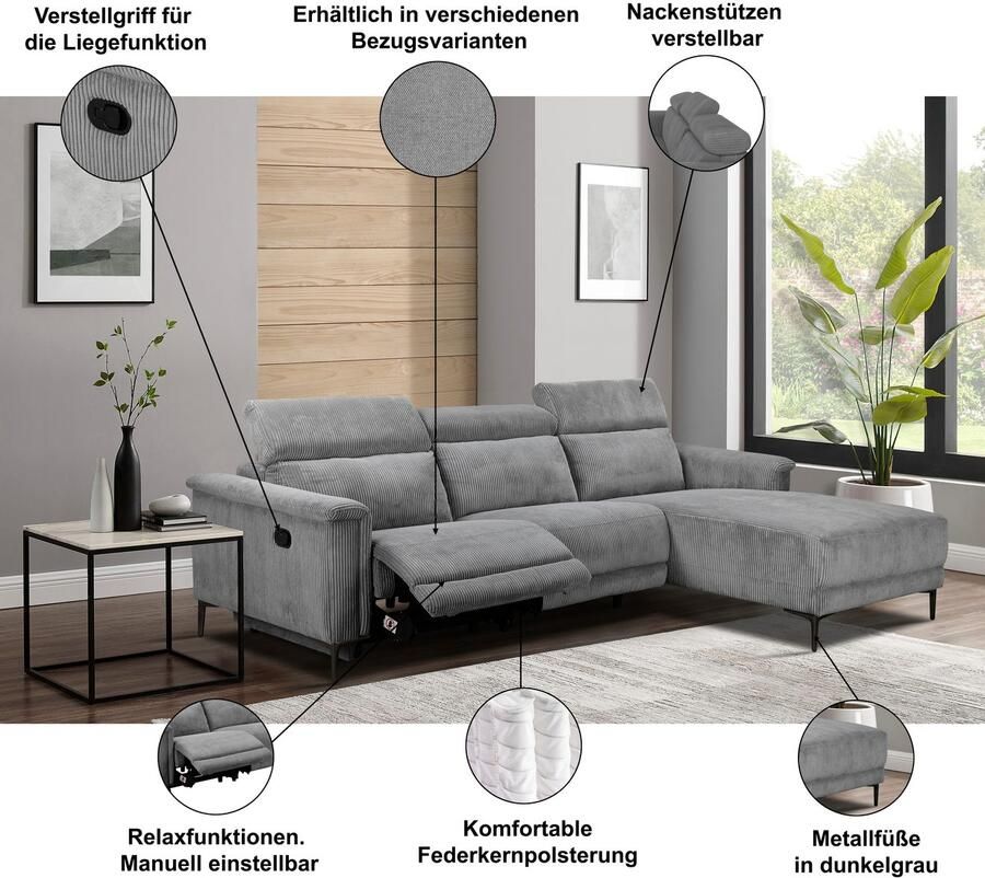 Home affaire Hoekbank Lund L-vorm 261 cm handmatige of elektrische relaxfunctie (met USB-A)