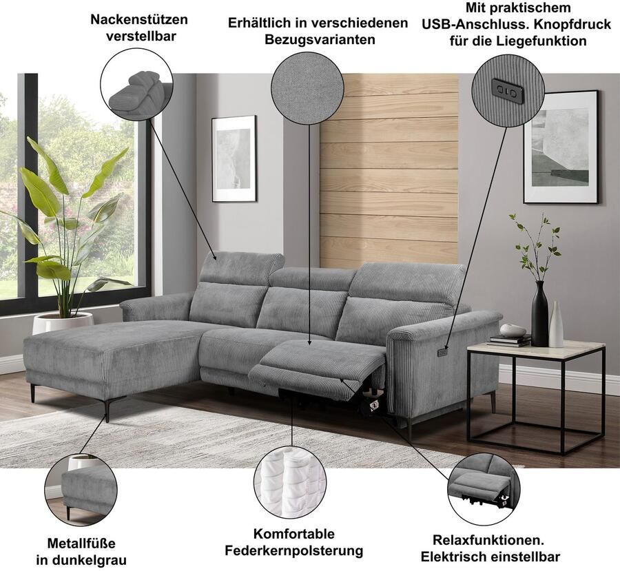 Home affaire Hoekbank Lund L-vorm 261 cm handmatige of elektrische relaxfunctie (met USB-A)
