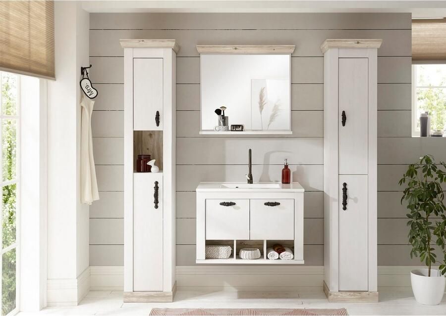 Home affaire Hoge kast Florenz badkamerkast in landhuisstijl kast met metalen handgrepen in pinie weiß open vak en voldoende opbergruimte achter draaideuren