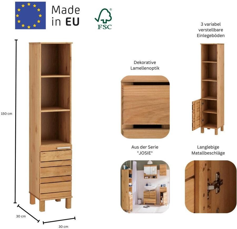 Home affaire Hoge kast Josie Breedte 30 cm van massief hout verstelbare planken metalen grepen