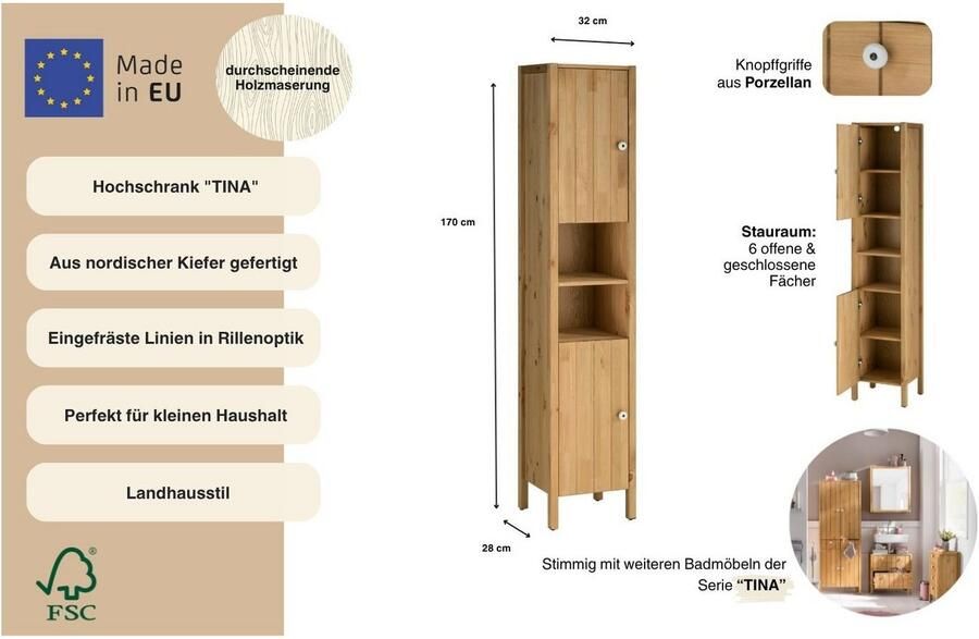 Home affaire Hoge kast TINA Badmeubel kast Breedte 31 5 cm Massief hout FSC
