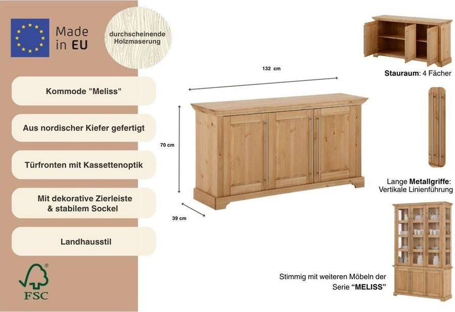 Home affaire Kast Meliss van massief grenen fsc gecertificeerd 3-deurs breedte 132 cm