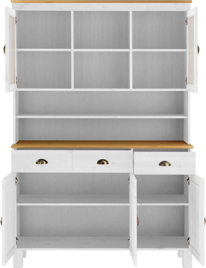 Home affaire Keukenbuffet Oslo 125 cm breed van massief grenen met 2 glasdeuren metalen grepen