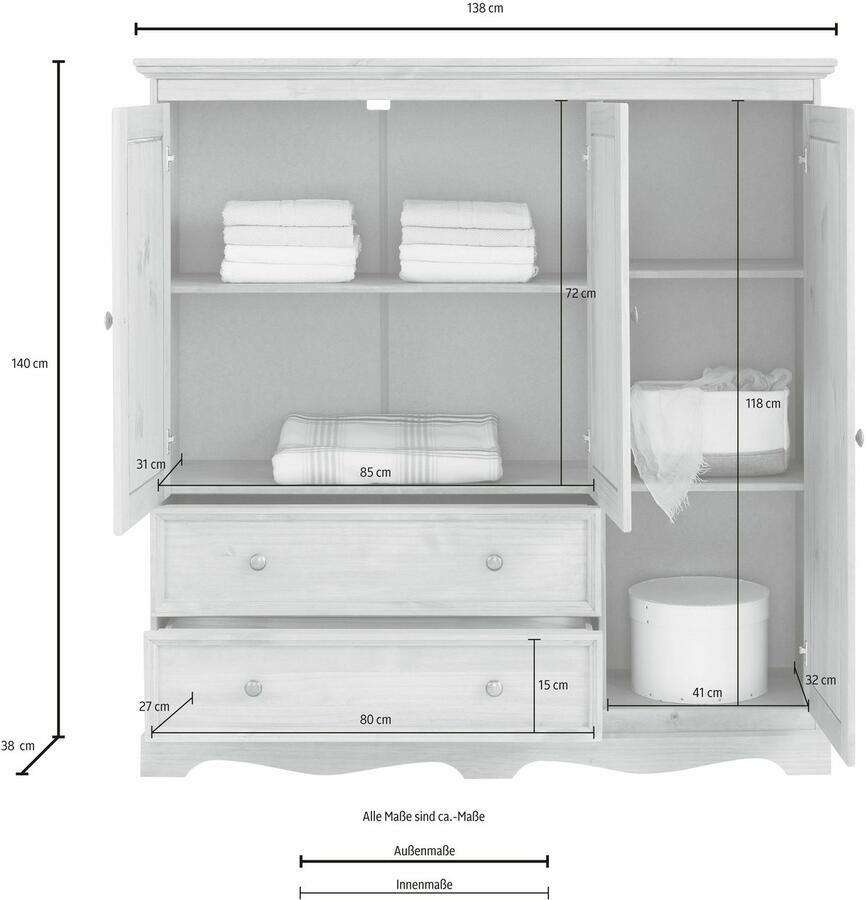 Home affaire Kledingkast Melissa kinder kledingkast Linnenkast van massief grenen met plint breedte 138 cm