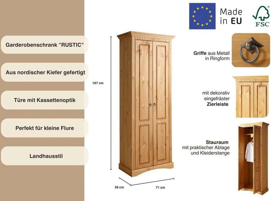 Home affaire Kledingkast Rustiek van massief grenen breedte 71 cm cassette-look