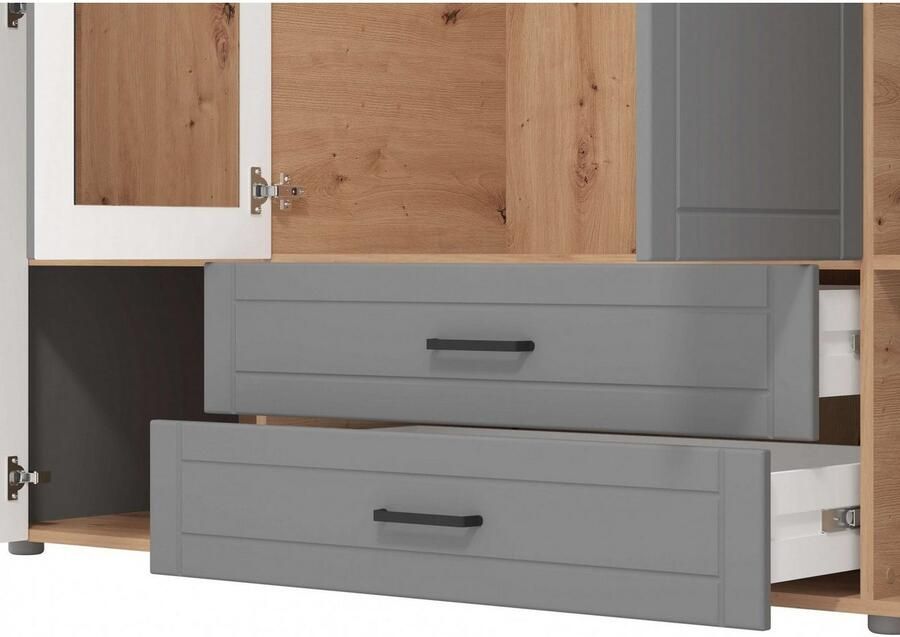 Home affaire Kledingkast Valencia complete binneninrichting en 2 lades 190 cm breed Slaapkamerkast met landhuis cassette-look en zwarte handgrepen