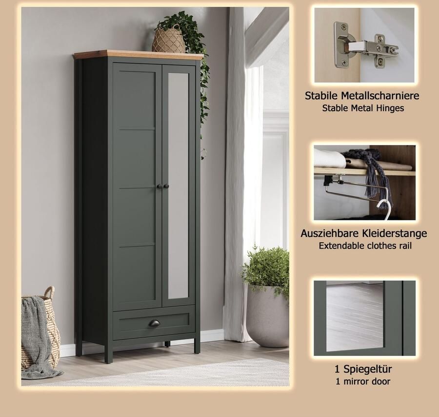 Home affaire Kledingkast Vienna Garderobekast 2 deuren 1 lade & volledig uittrekbaar 77 39 198 cm (1 stuk)