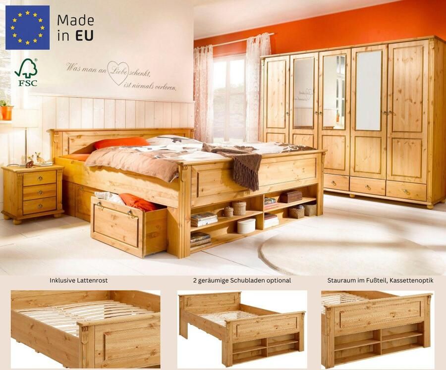 Home affaire Massief houten ledikant Tessin opbergbank landelijke stijl lades optioneel rustiek