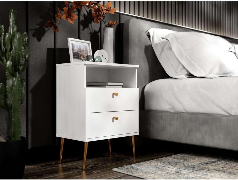 Home affaire Nachtkastje Elyria metalen handgrepen FSC-gecertificeerd houtmateriaal met 2 lades 1 open vak veel kleuren met goudkleurige details