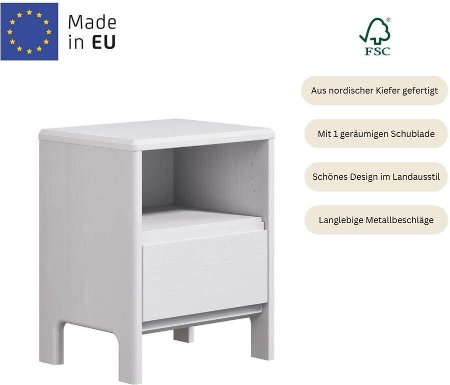 Home affaire Nachtkastje Luven van massief grenen met 1 lade breedte 44 cm