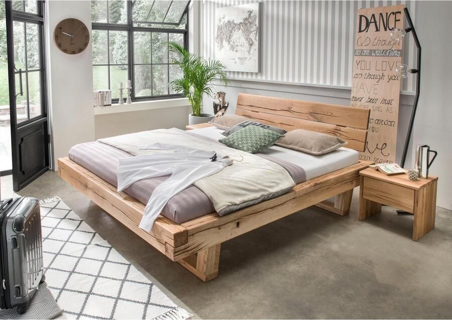 Home affaire Nachtkastje Ultima balkenbed tweepersoonsbed voeten met kuipvorm gemaakt van massief vuren- of eikenhout robuuste natuurlijkheid met nerven
