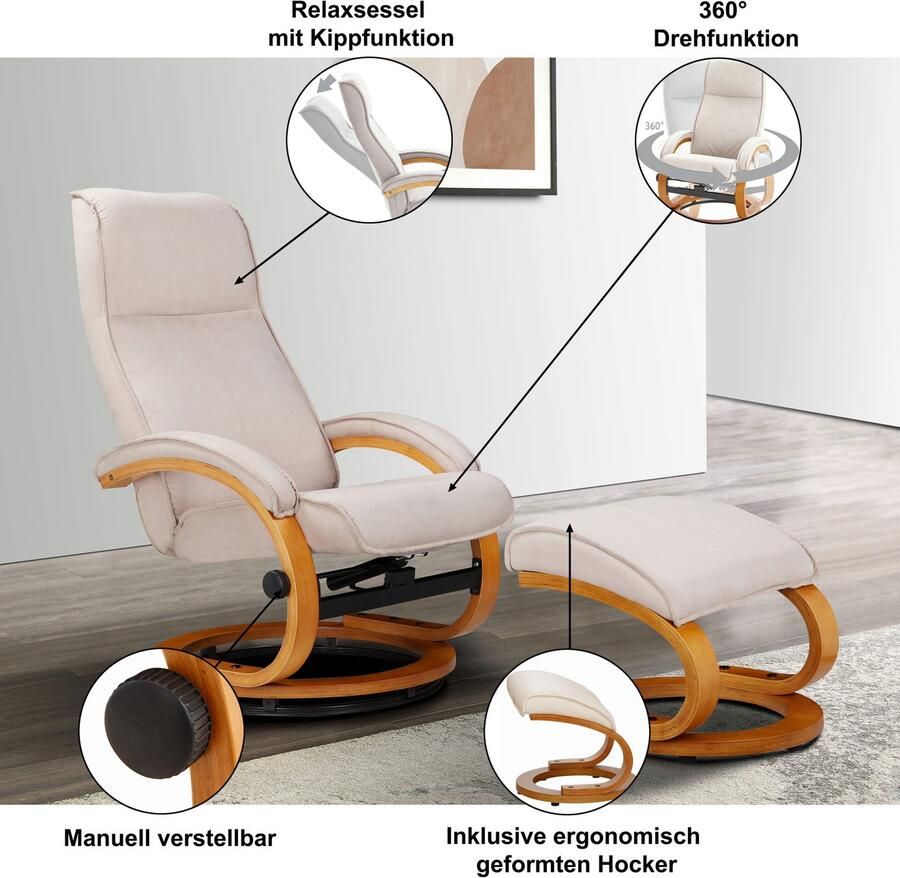 Home affaire Relaxfauteuil Paris tv-stoel met poef en handmatige ligfunctie (set 2 stuks)