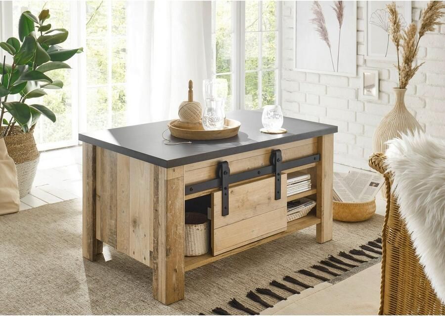 Home affaire Salontafel Sherwood moderne houtdecor met schuurdeurbeslag van metaal breedte 93 cm