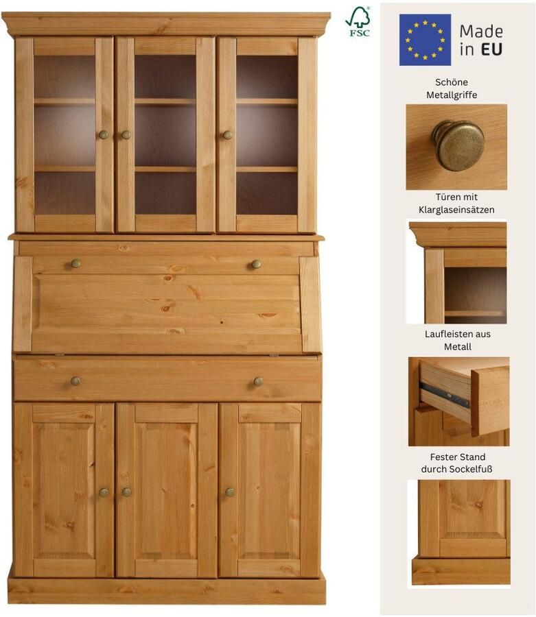 Home affaire Secretaire Rosi in landelijke stijl Bureau van massief hout met vitrine in 2 breedtes