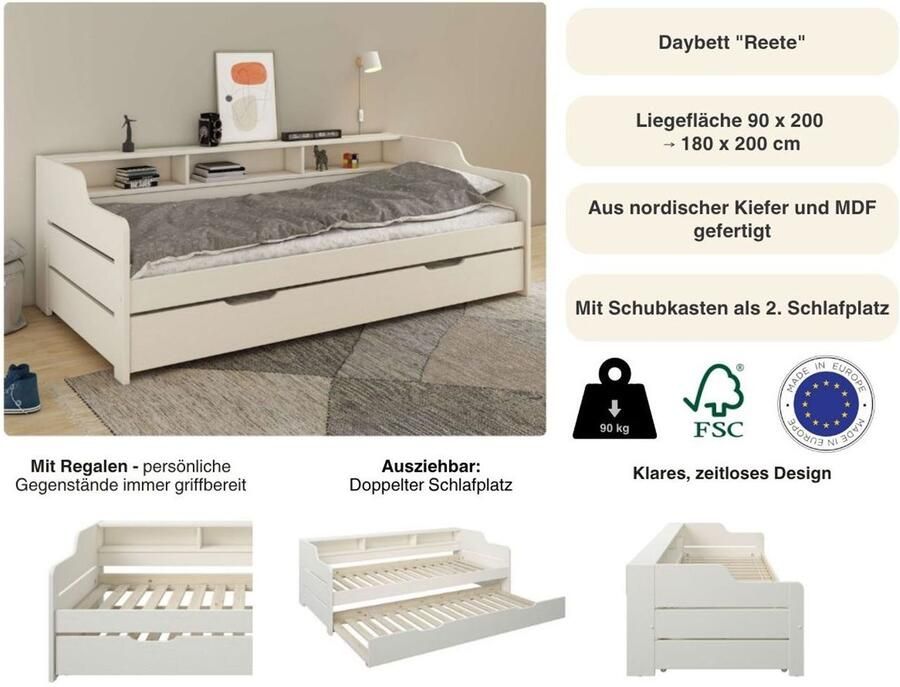 Home affaire Slaapbank REETE1 opbergruimte functioneel bed kinderbed inclusief lade met planken fsc gecertificeerd massief hout (dennen) landhuisstijl