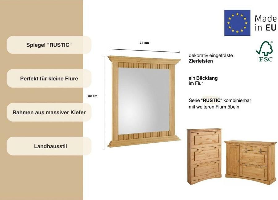 Home affaire Spiegel Rustiek Frame in grenen massief breedte 78 cm met decoratieve freesranden