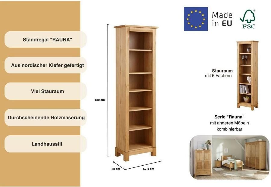 Home affaire Staand rek Rauna Hoogte 180 cm van massief grenen FSC -gecertificeerd