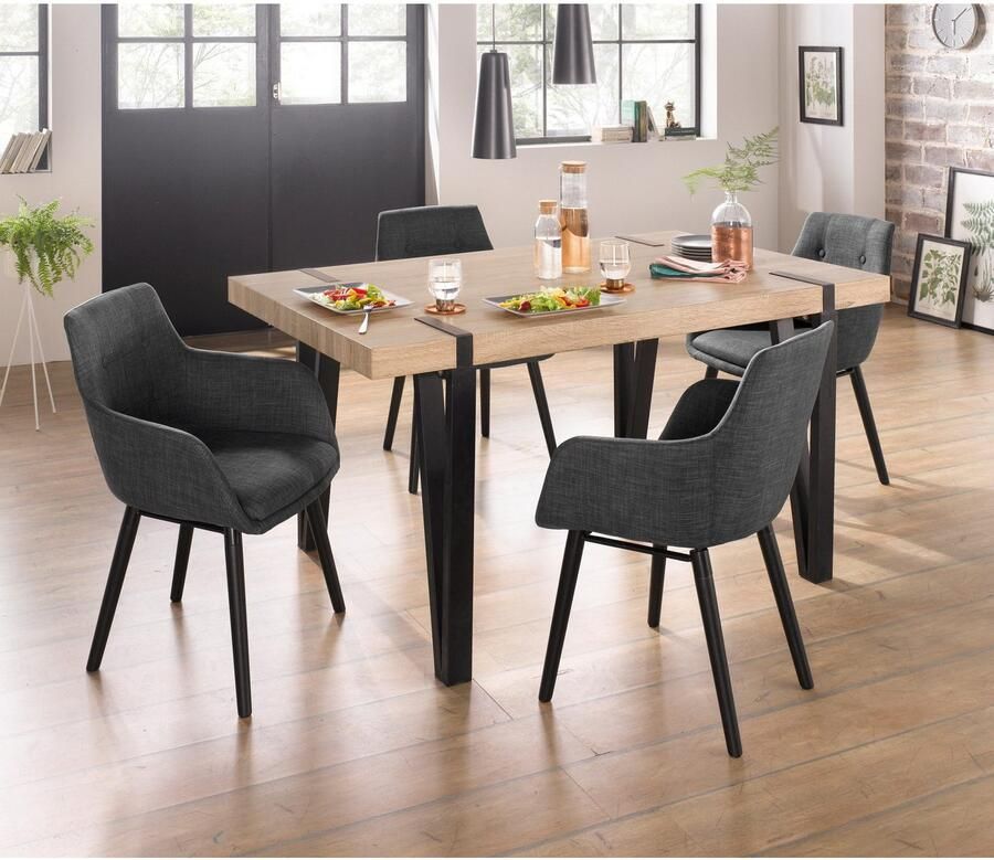 Home affaire Stoel met armleuningen Bradford (1 of 2 stuks) overtrekstof in weefstof frame van eiken massief hout (set)