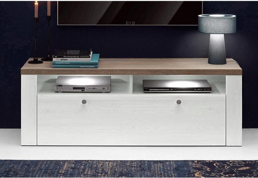 Home affaire Tv-meubel Larona tijdloos TV-meubel met 1 klep en 2 open vakken Breedte 140 cm tv-meubel veel opbergruimte decoratieve frame-look