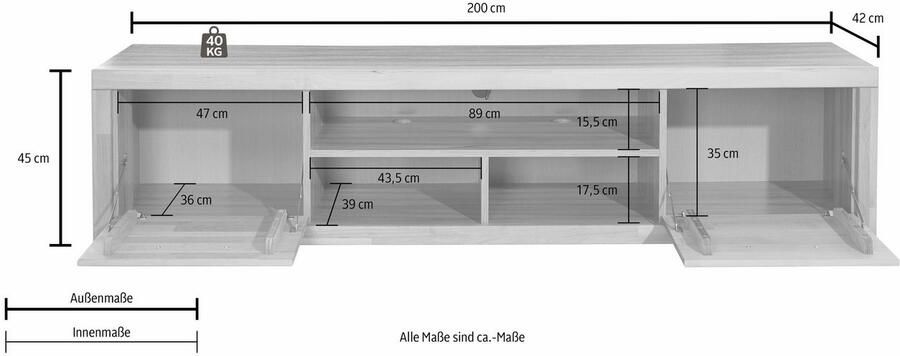 Home affaire Tv-meubel Logo 200cm breed 42 cm diep fronten massief hout kabeldoorvoer