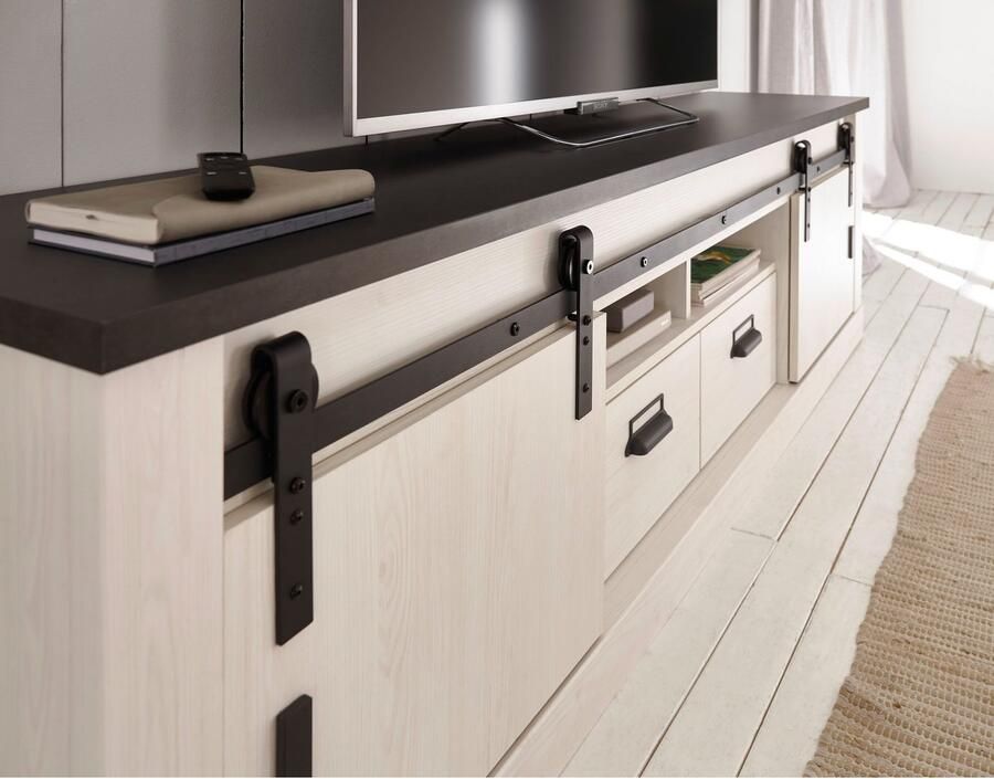 Home affaire Tv-meubel Sherwood modern houtdecor met schuurdeurbeslag van metaal breedte 201 cm