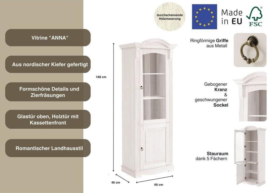 Home affaire Vitrinekast ANNA met glazen deur hoogte 188 cm massief hout met sierfrezingen fsc